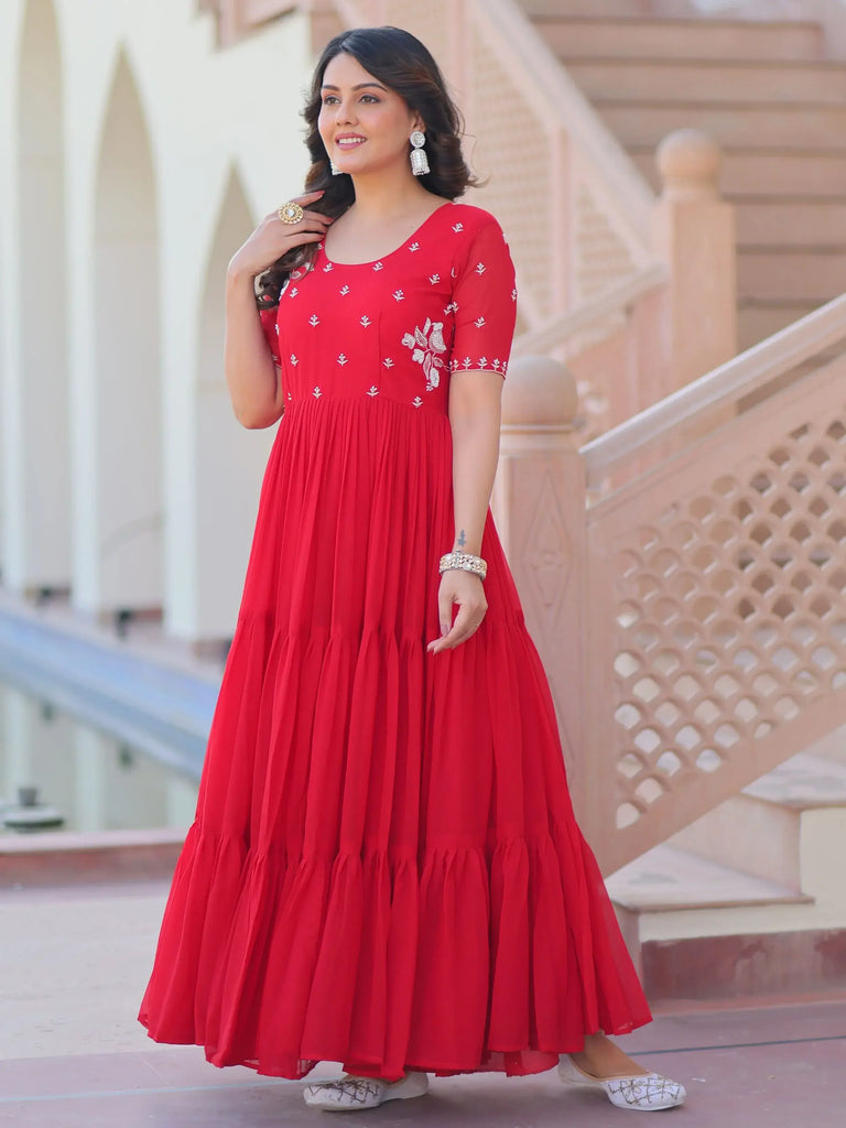 Delicate Red Georgette Embroidered Festival Wear Gown