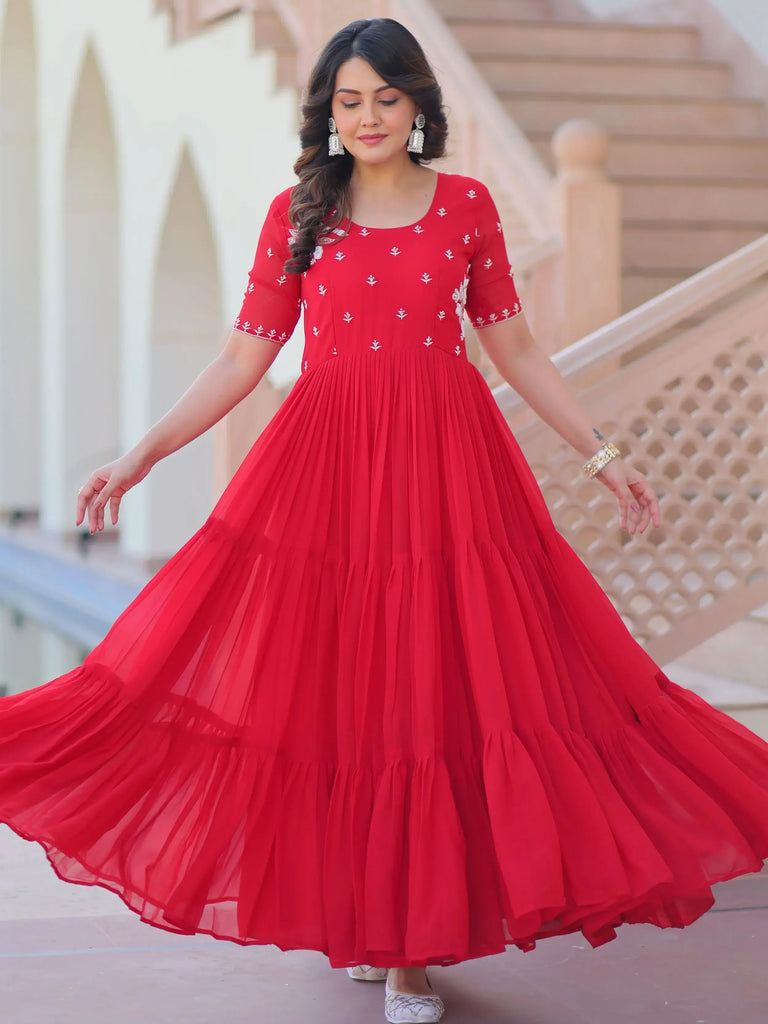 Delicate Red Georgette Embroidered Festival Wear Gown