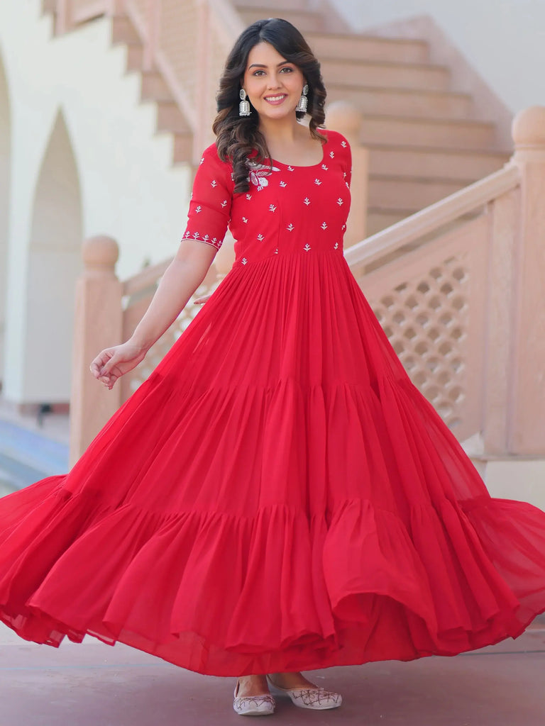 Delicate Red Georgette Embroidered Festival Wear Gown