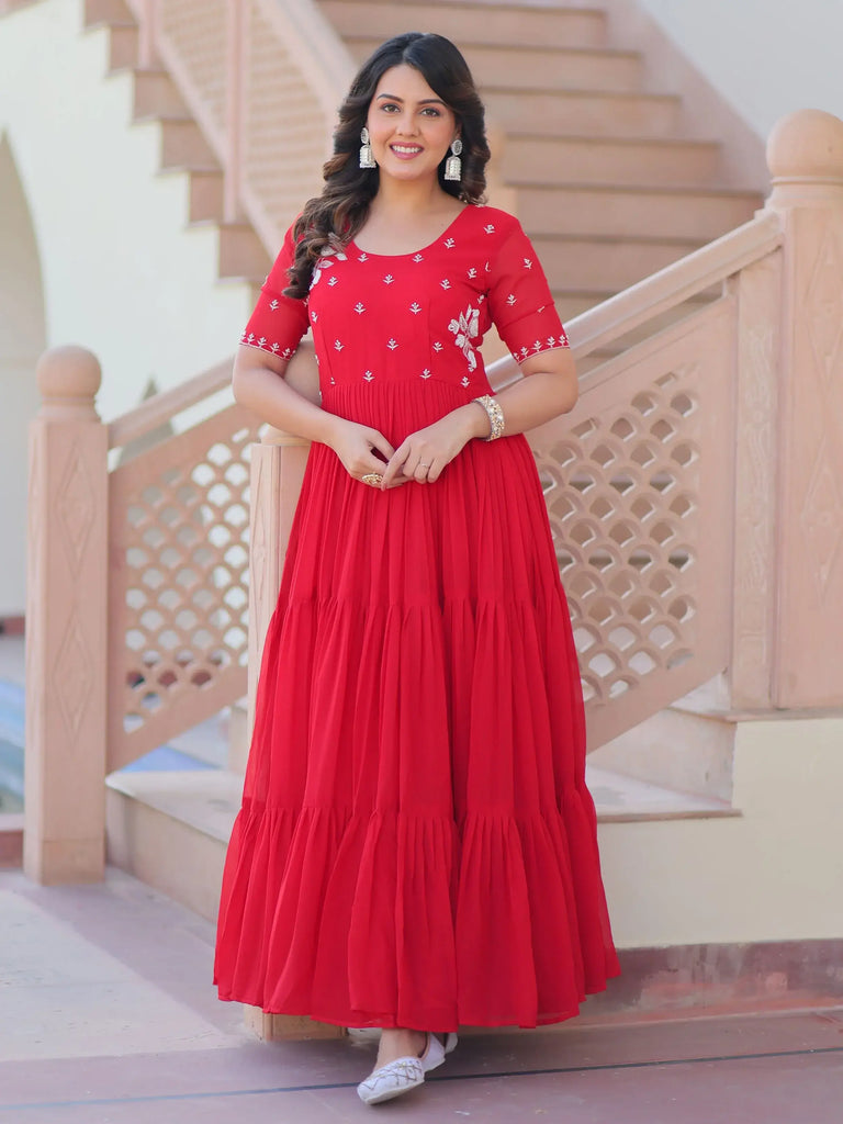 Delicate Red Georgette Embroidered Festival Wear Gown