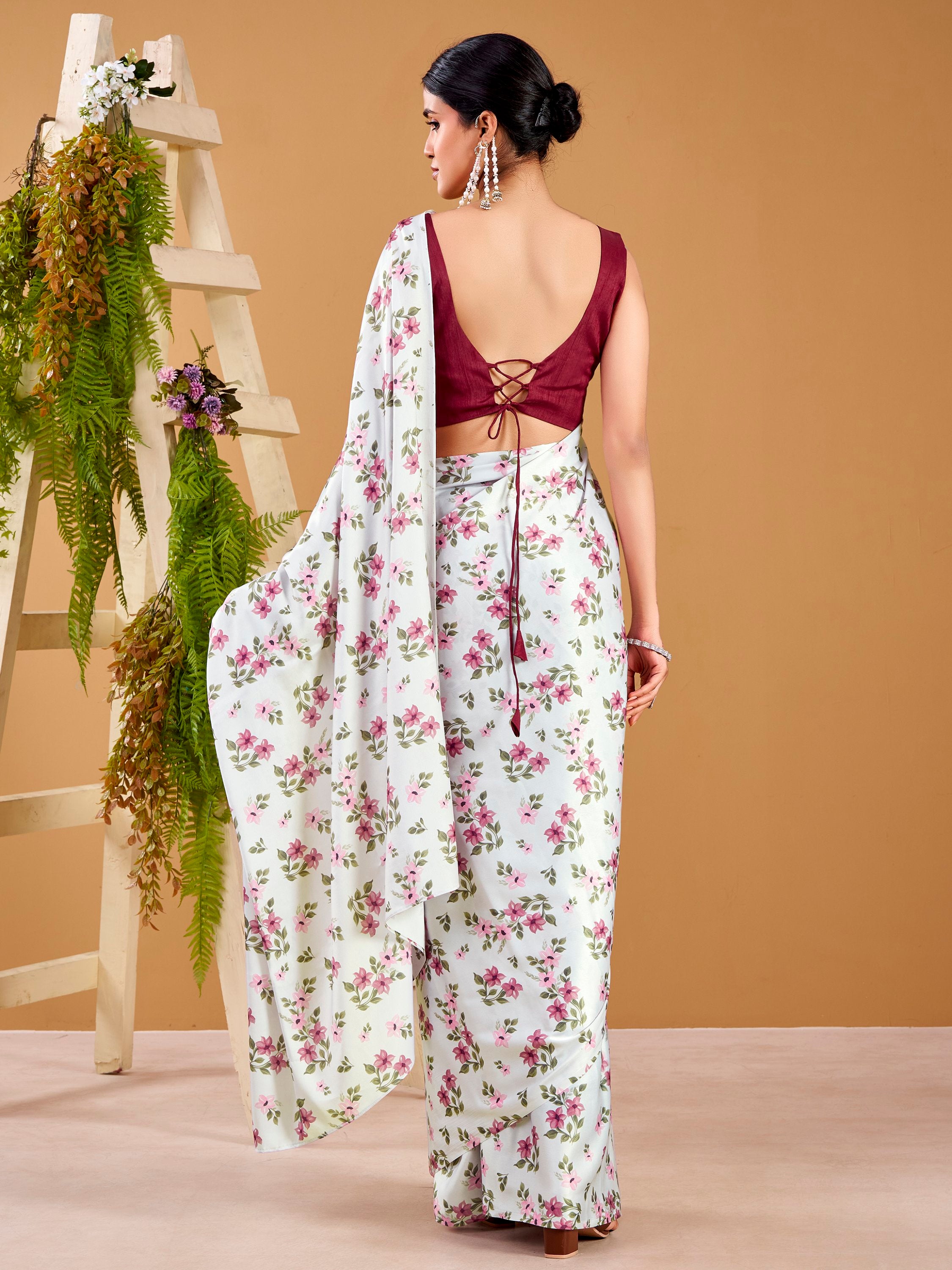 Stunning Grey Flower Printed Satin Daily Wear Saree With Blouse