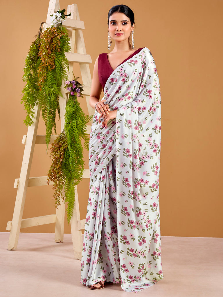 Stunning Grey Flower Printed Satin Daily Wear Saree With Blouse