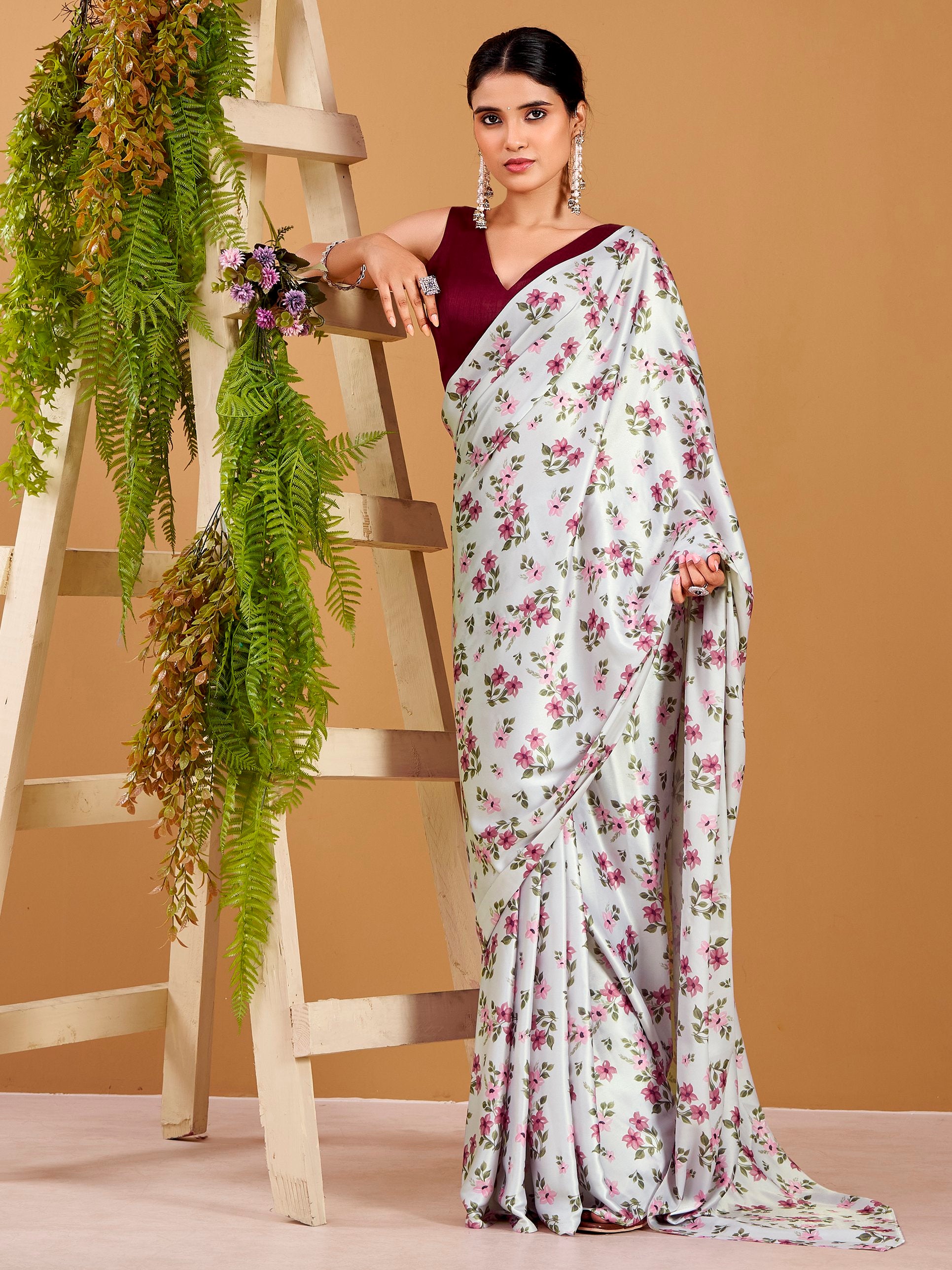 Stunning Grey Flower Printed Satin Daily Wear Saree With Blouse