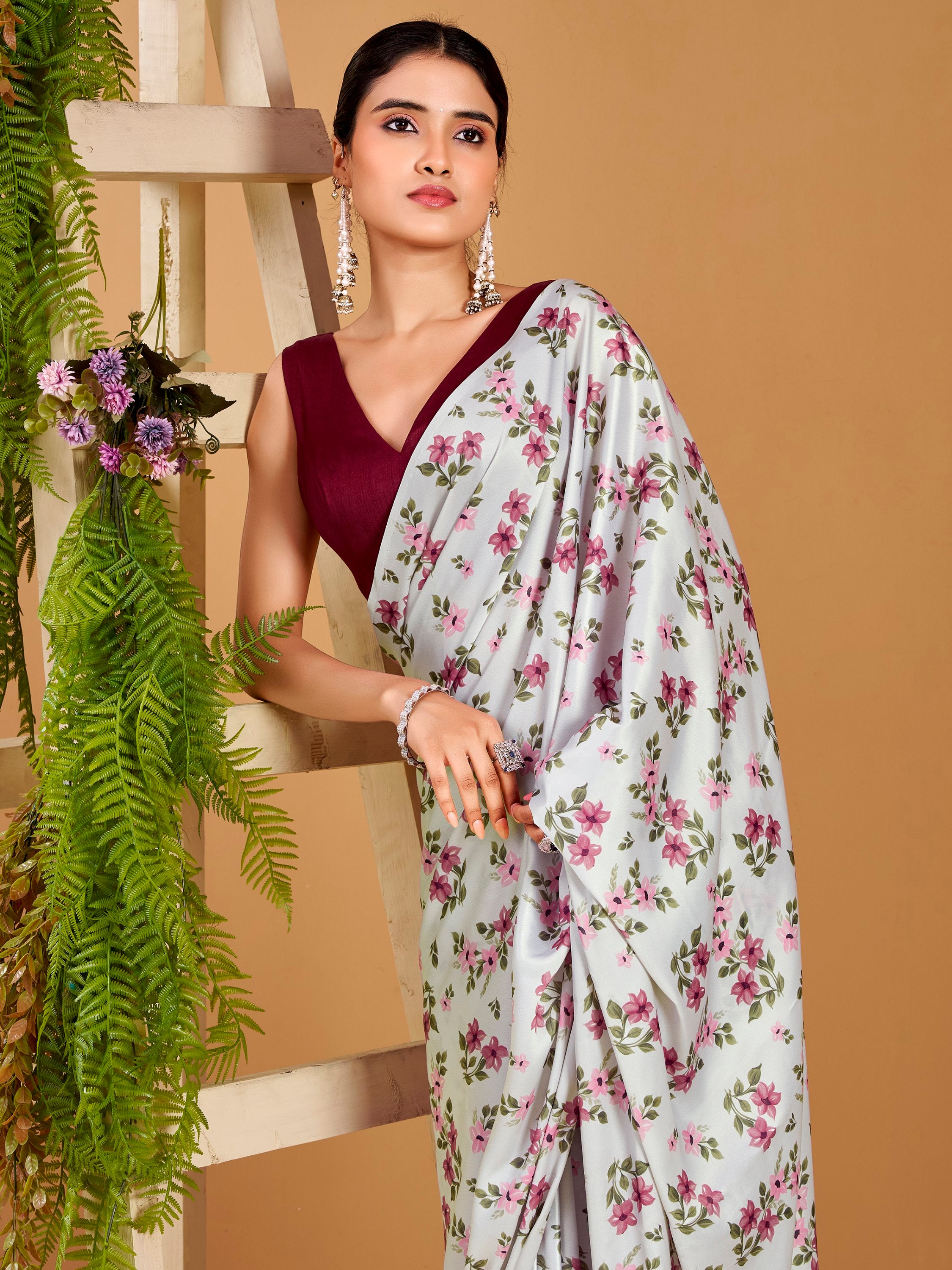 Stunning Grey Flower Printed Satin Daily Wear Saree With Blouse