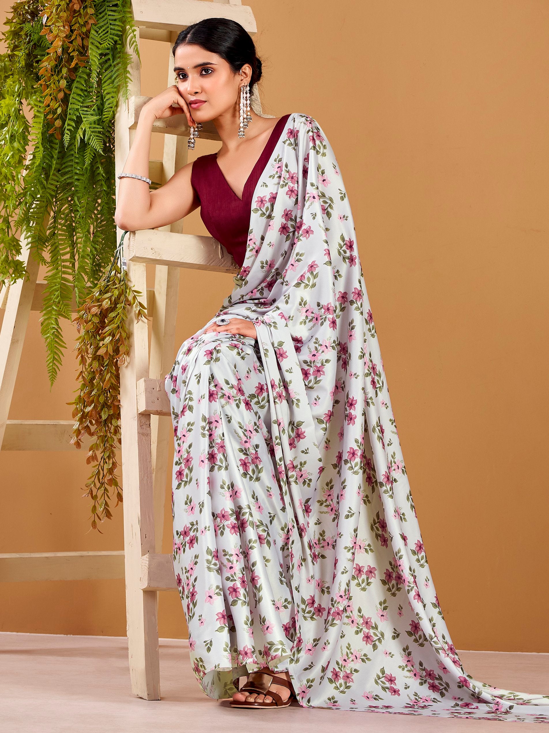 Stunning Grey Flower Printed Satin Daily Wear Saree With Blouse
