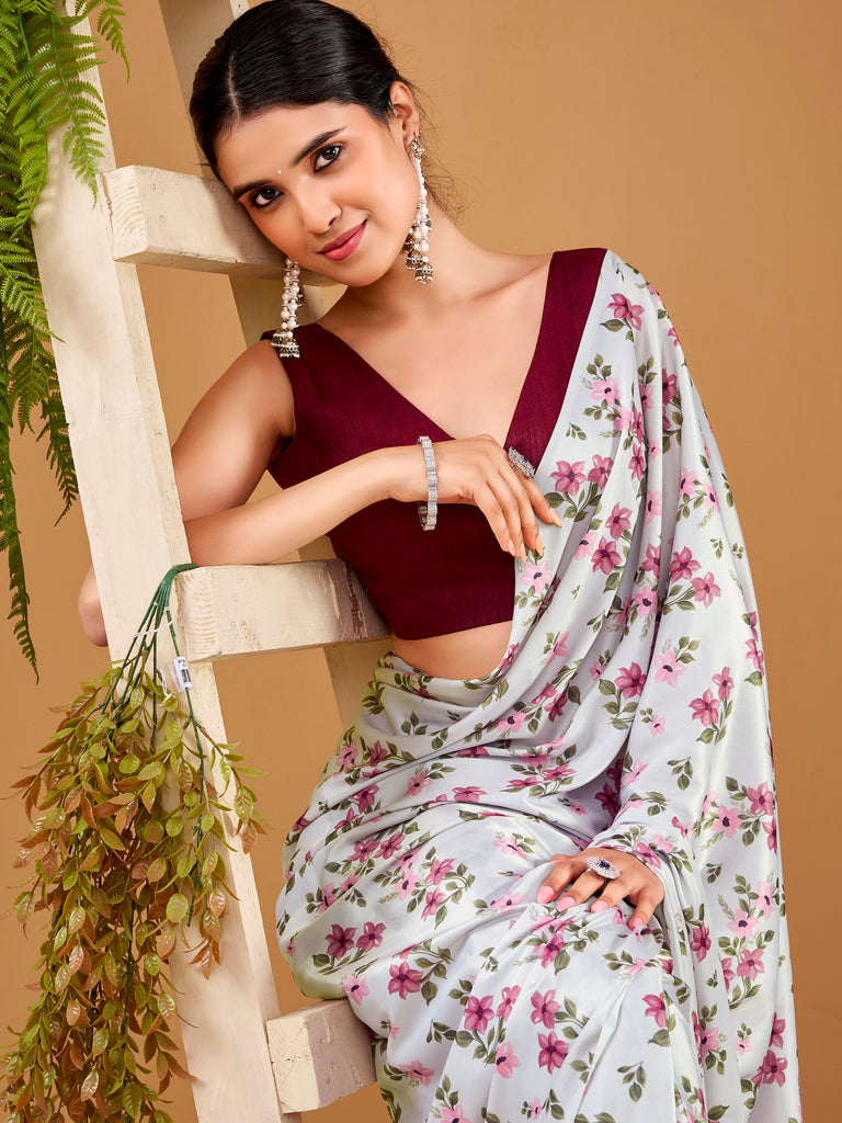 Stunning Grey Flower Printed Satin Daily Wear Saree With Blouse