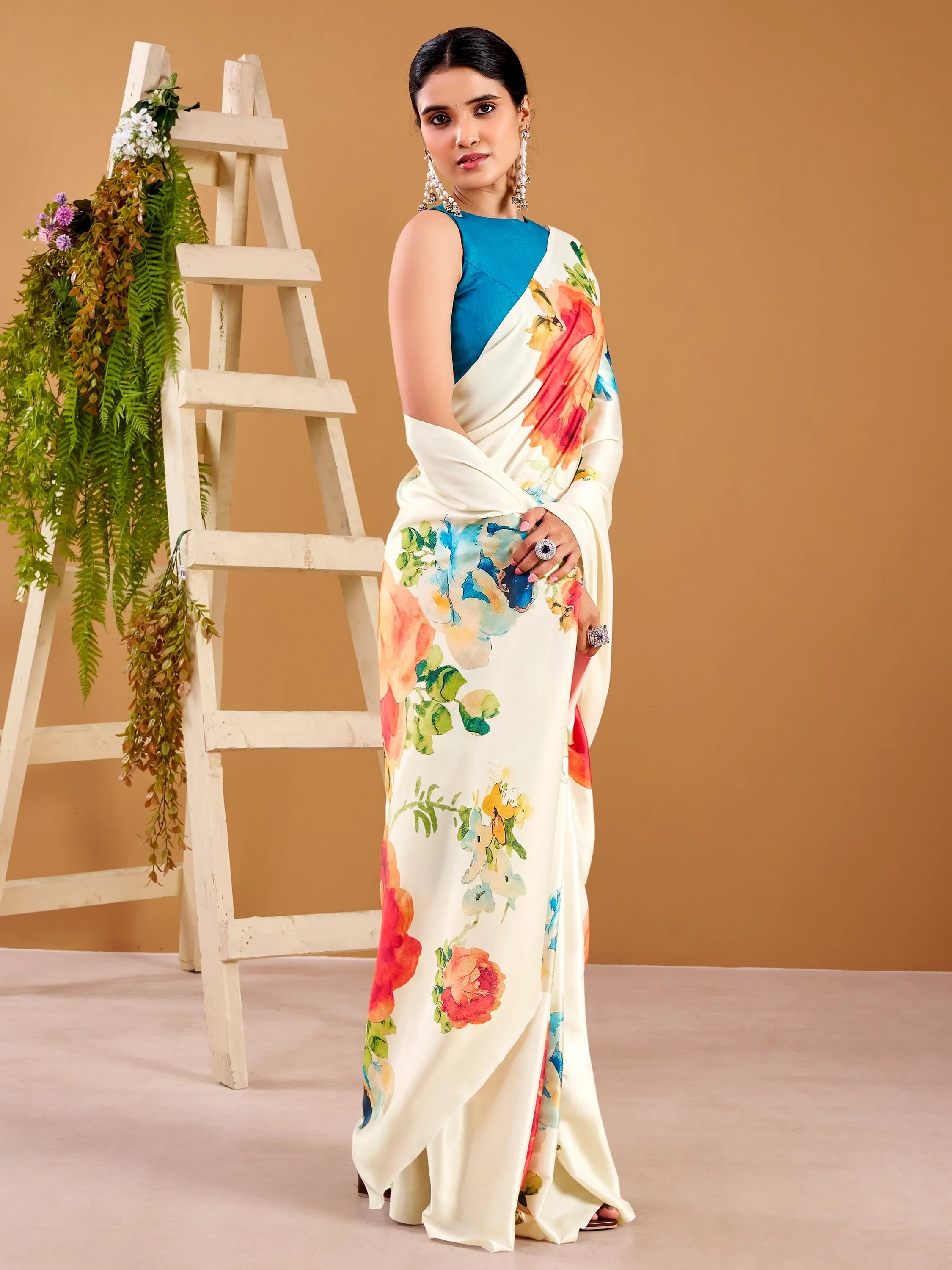 Beautiful White Floral Printed Satin Casual Wear Saree With Blouse