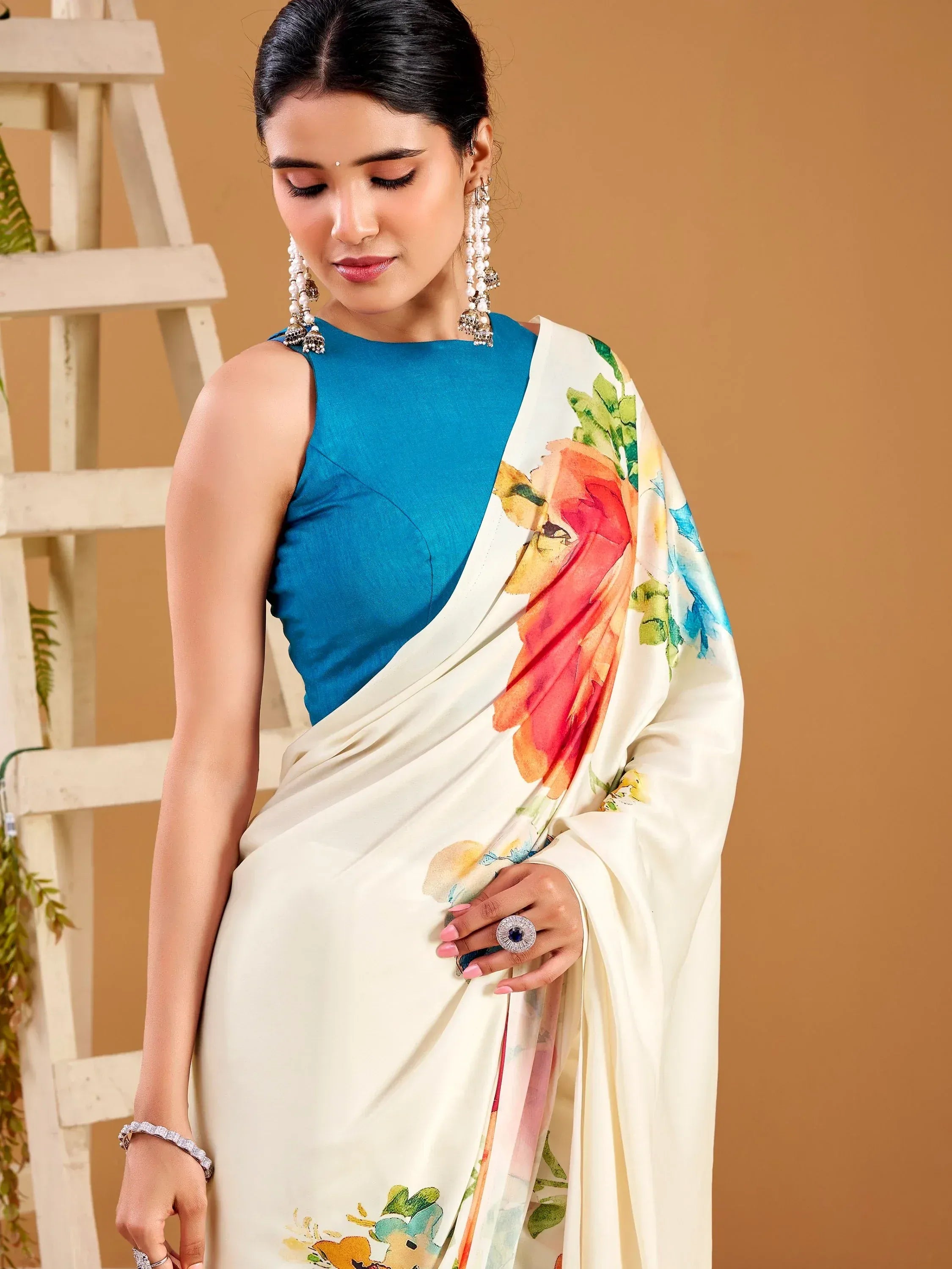 Beautiful White Floral Printed Satin Casual Wear Saree With Blouse