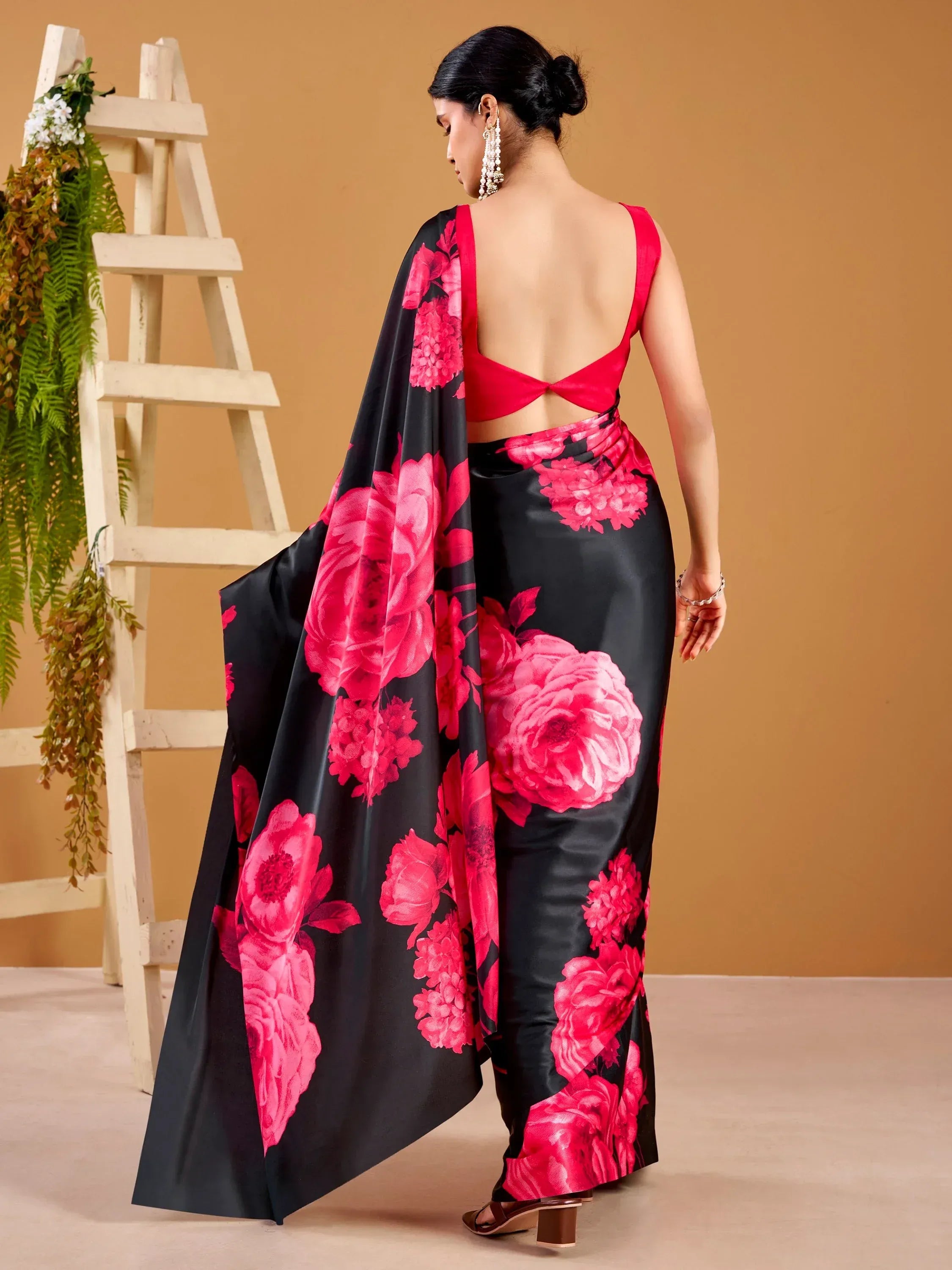 Spectacular Pink Floral Printed Satin Festive Wear Saree With Blouse