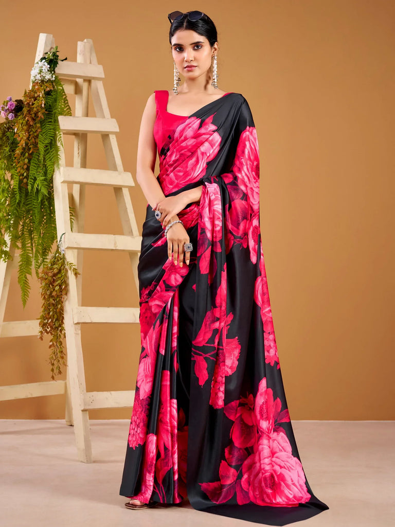 Spectacular Pink Floral Printed Satin Festive Wear Saree With Blouse