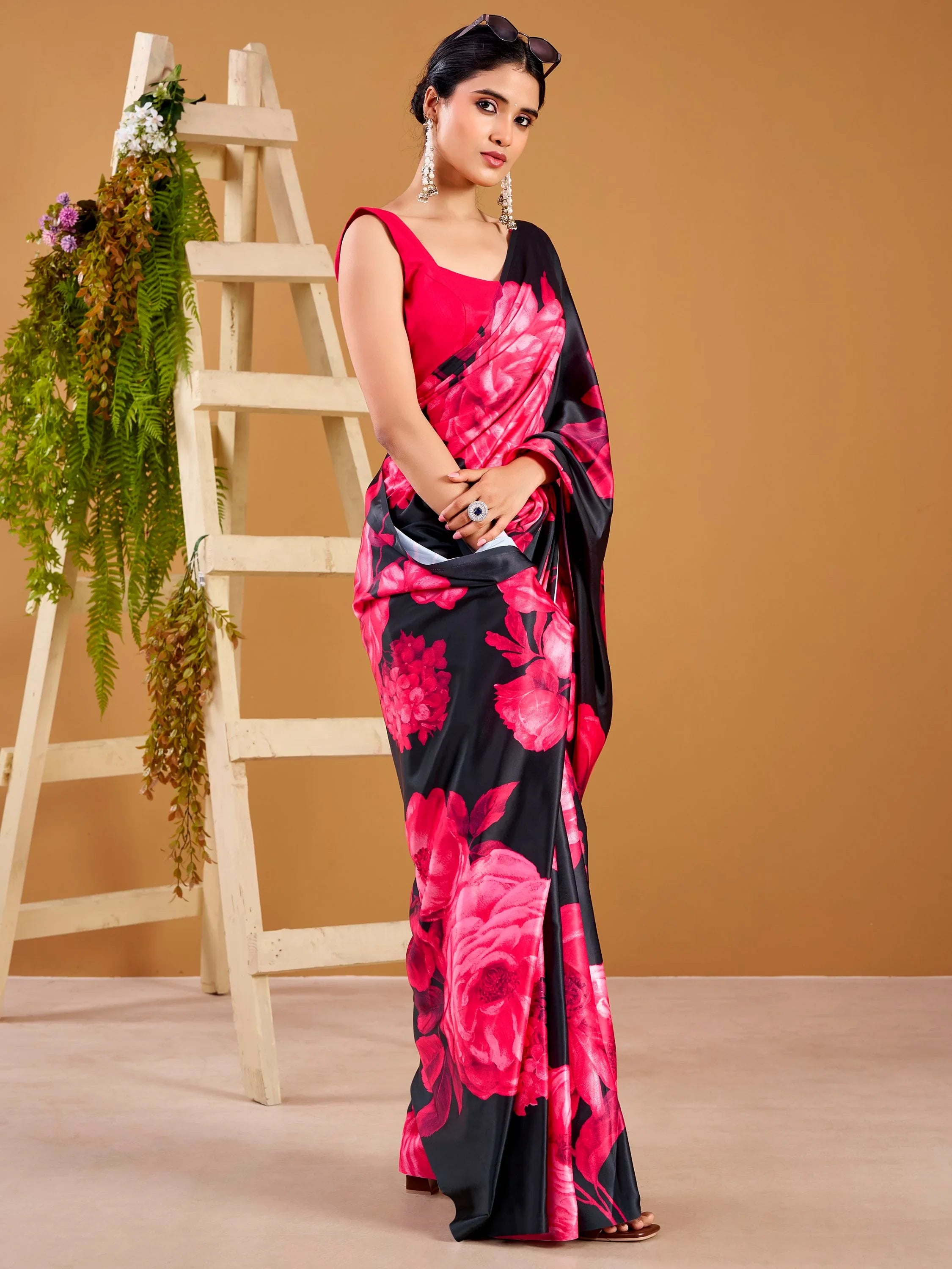 Spectacular Pink Floral Printed Satin Festive Wear Saree With Blouse