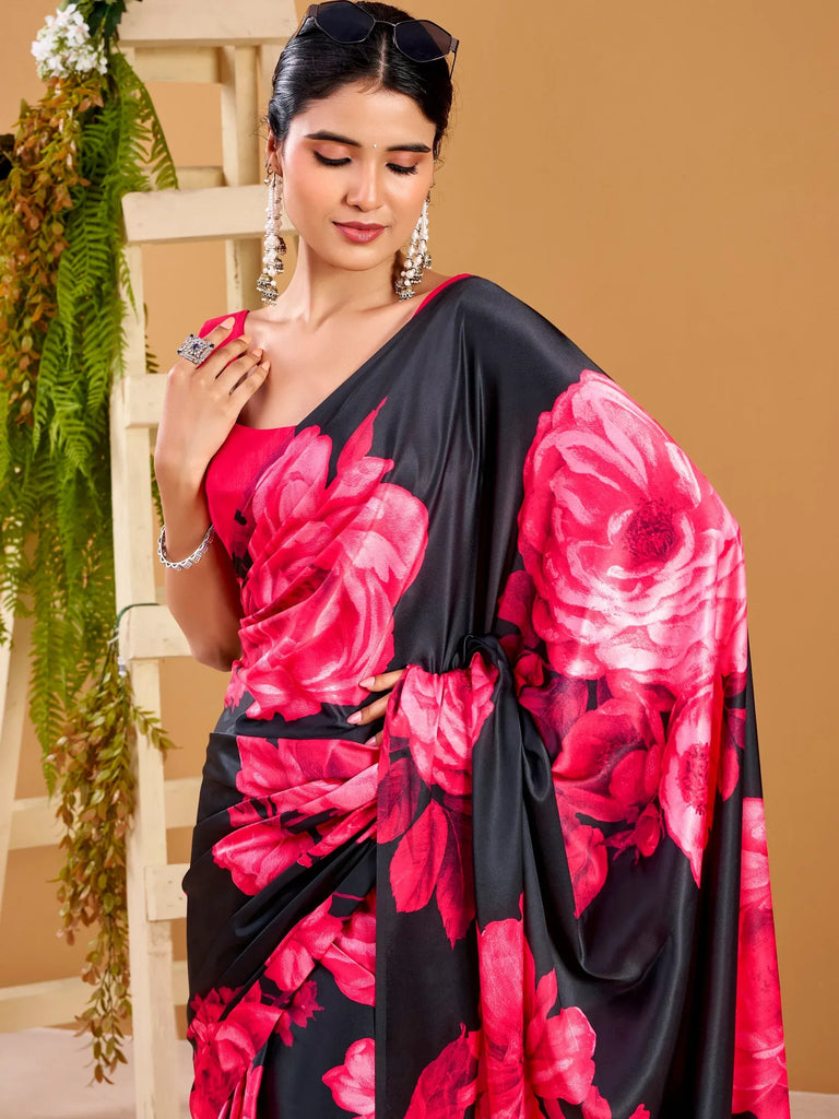 Spectacular Pink Floral Printed Satin Festive Wear Saree With Blouse