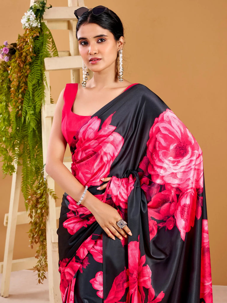 Spectacular Pink Floral Printed Satin Festive Wear Saree With Blouse