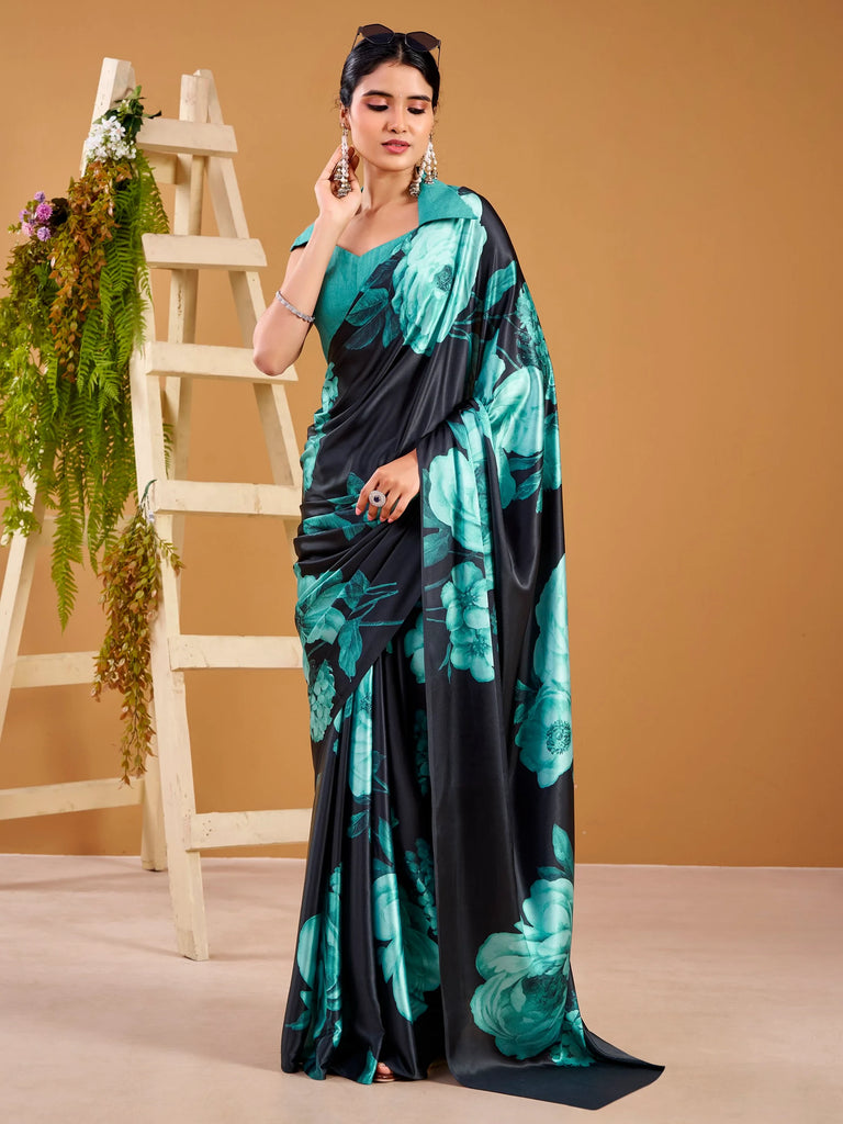 Awesome Black Digital Printed Satin Event Wear Saree With Blouse