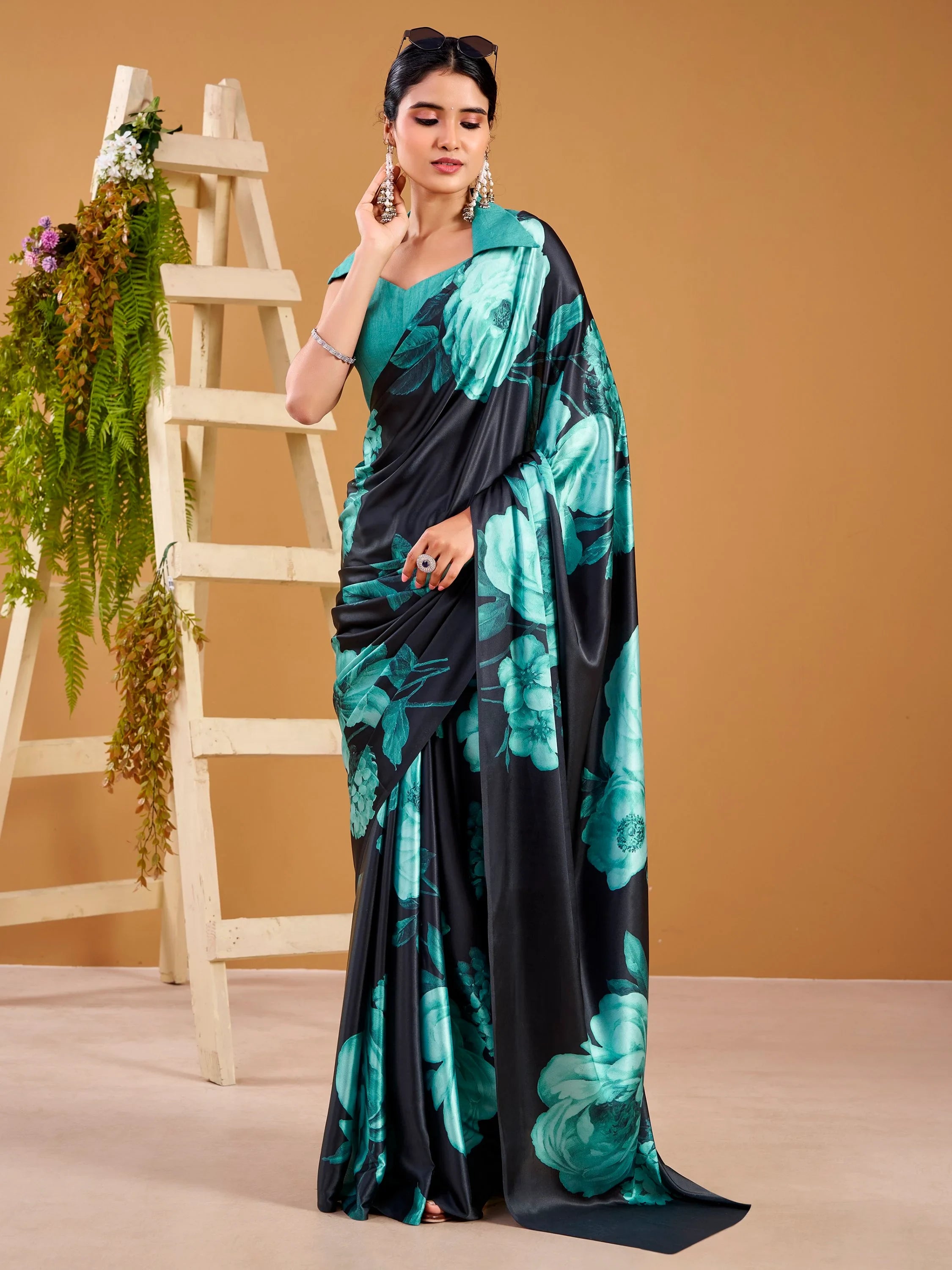 Awesome Teal Green Digital Printed Satin Event Wear Saree With Blouse