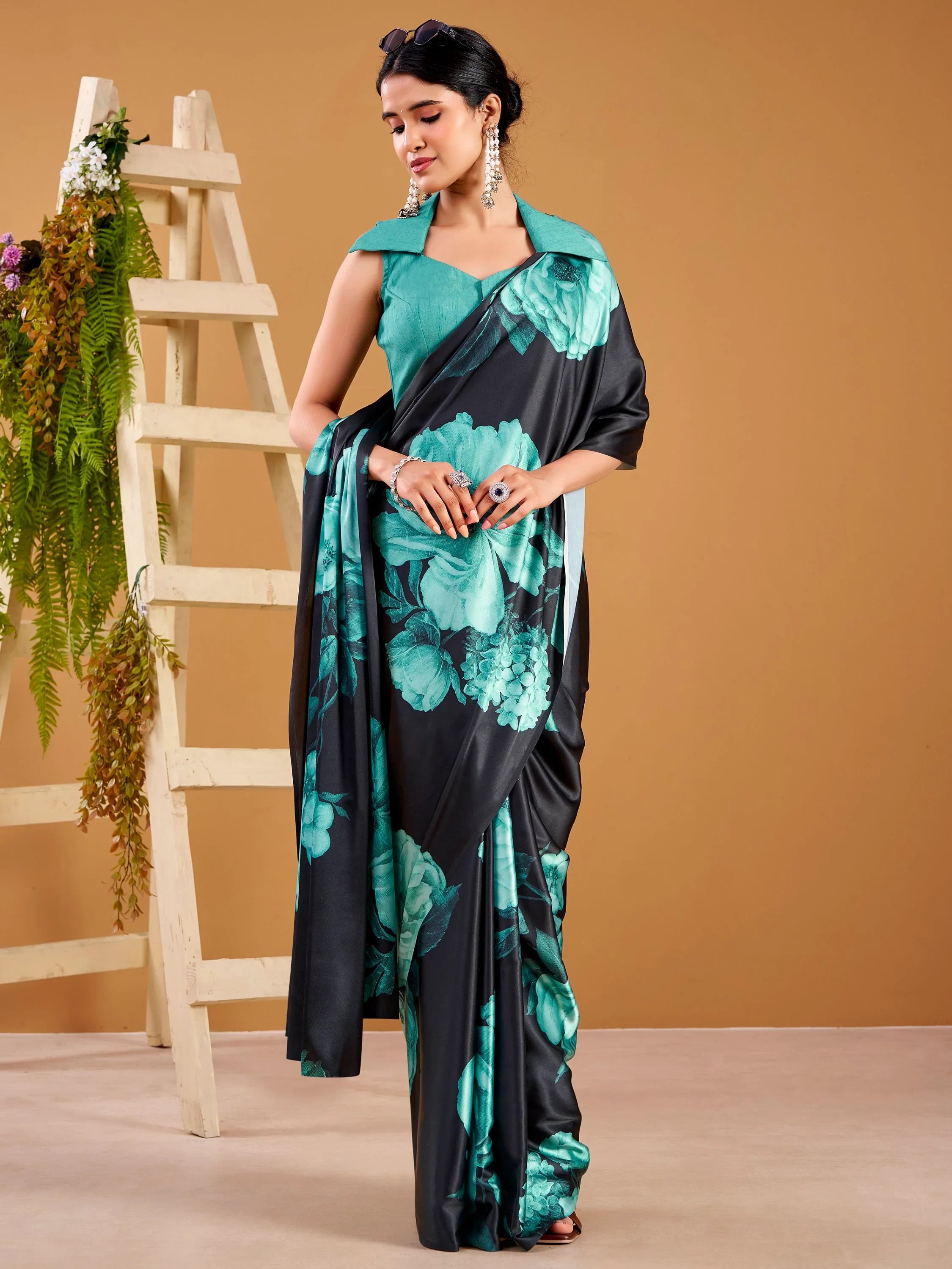 Awesome Teal Green Digital Printed Satin Event Wear Saree With Blouse
