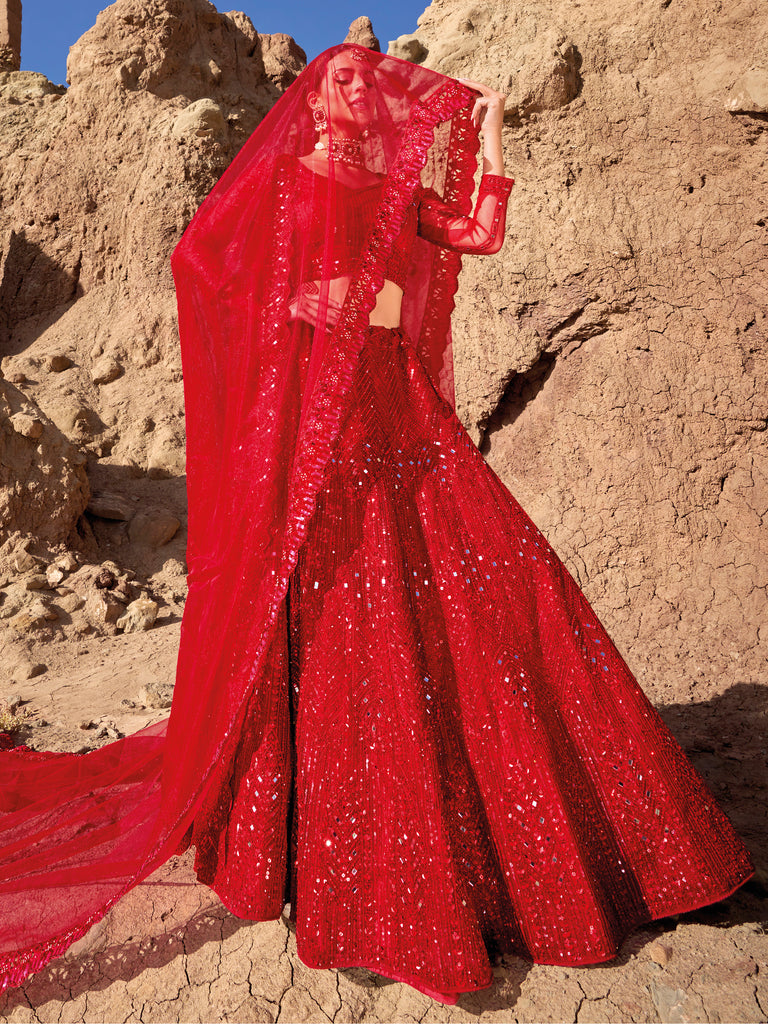 Beautiful Red Sequins Net Reception Wear Lehenga Choli With Dupatta