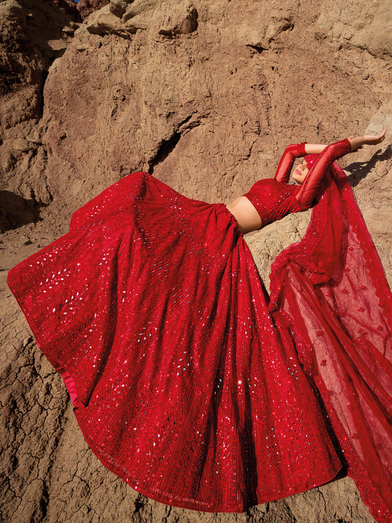 Beautiful Red Sequins Net Reception Wear Lehenga Choli With Dupatta