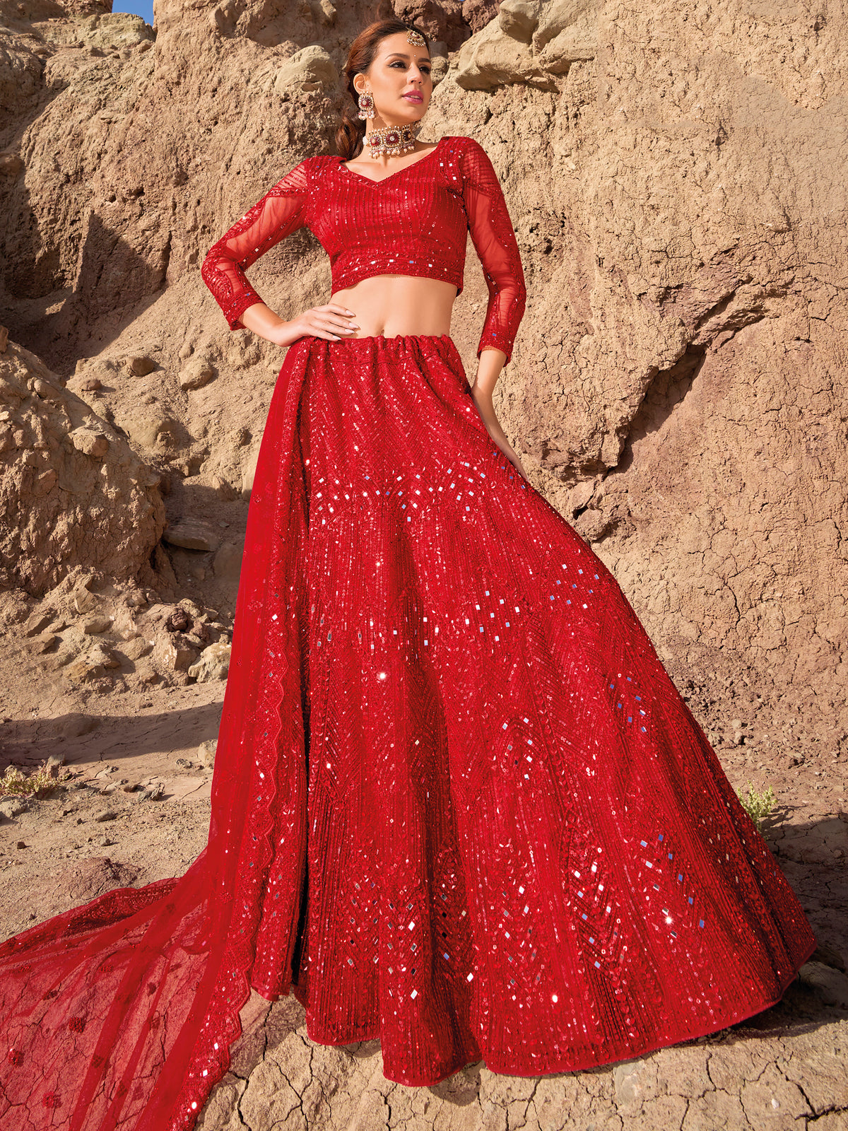 Beautiful Red Sequins Net Reception Wear Lehenga Choli With Dupatta