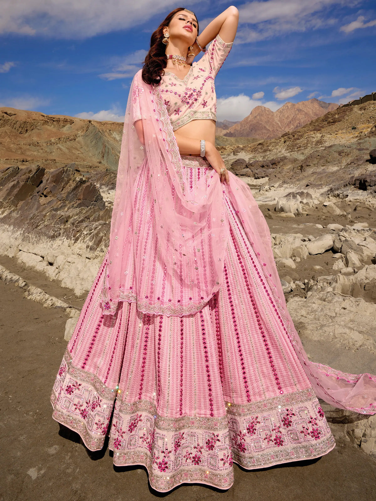 Gorgeous Baby Pink Mirror Work Georgette Wedding Lehenga Choli