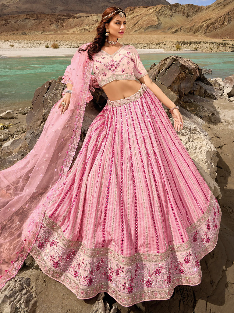 Gorgeous Baby Pink Mirror Work Georgette Wedding Lehenga Choli