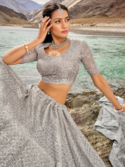 Captivating Grey Sequins Organza Reception Wear Lehenga Choli