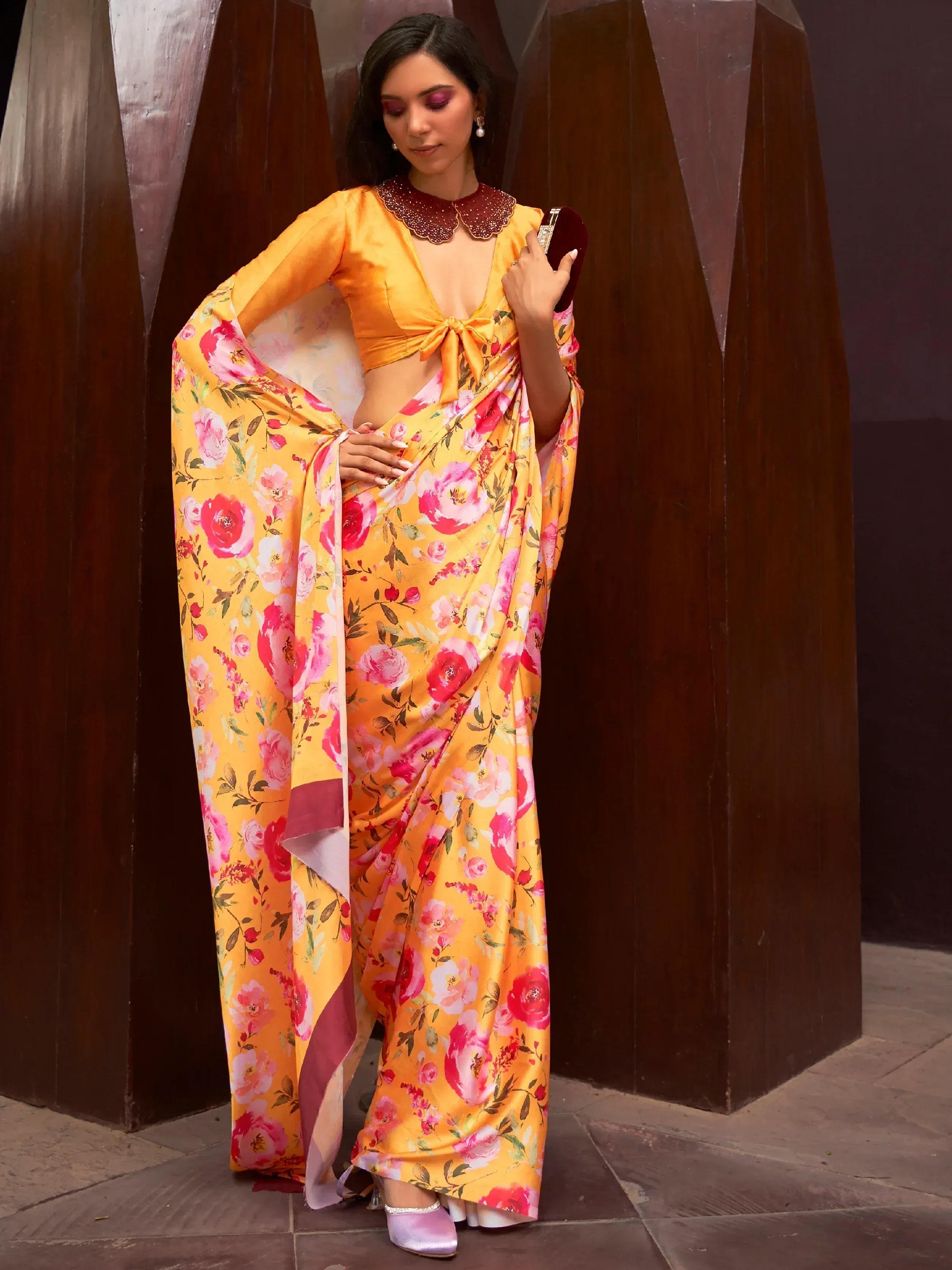 Yellow floral saree with embellished collar, perfect for Indian ethnic wear events