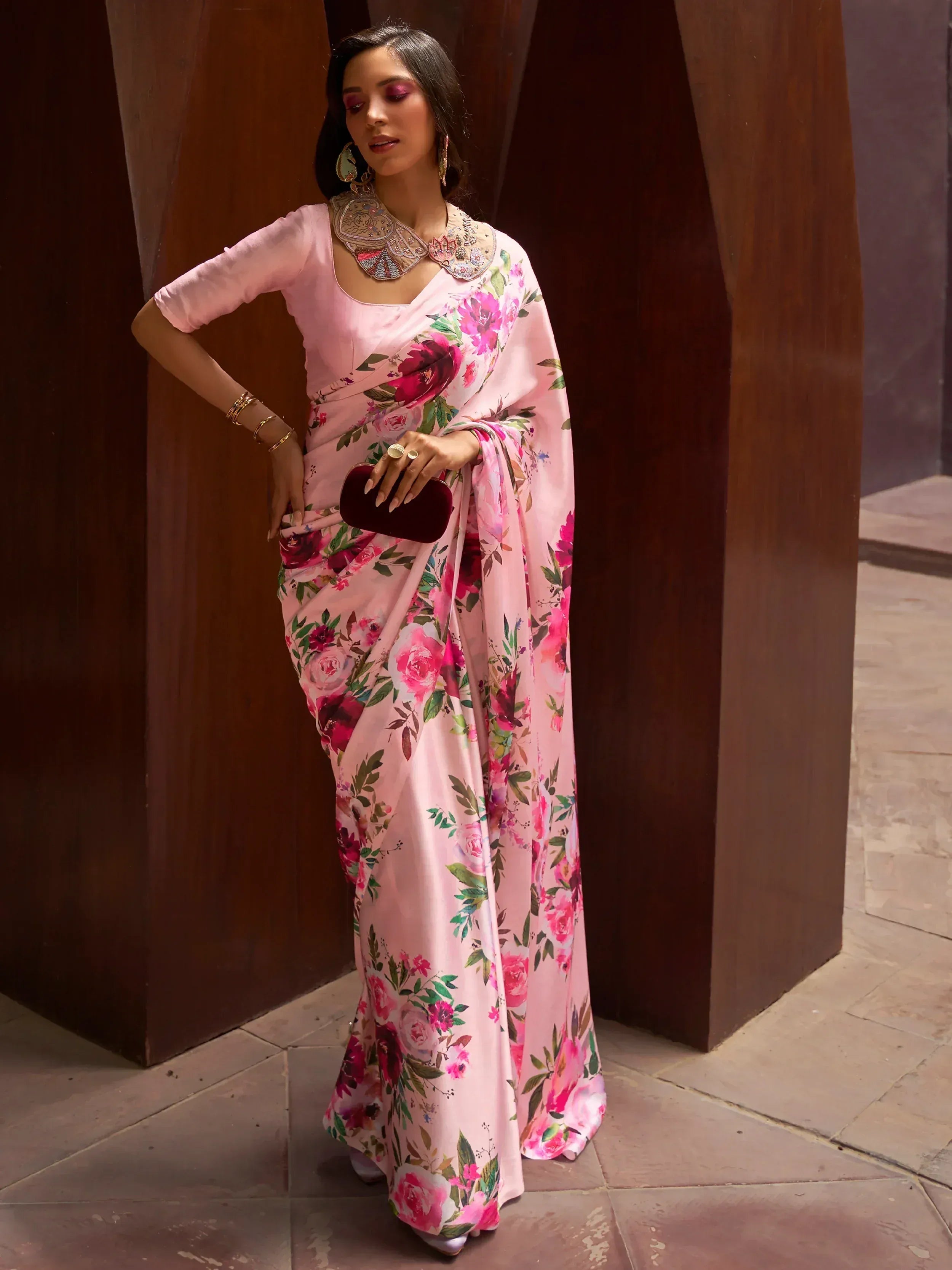 Pink floral print saree with embroidered blouse, perfect for Indian ethnic wear occasions