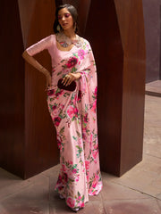 Charming Pink Floral Printed Satin Festival Wear Saree With Blouse