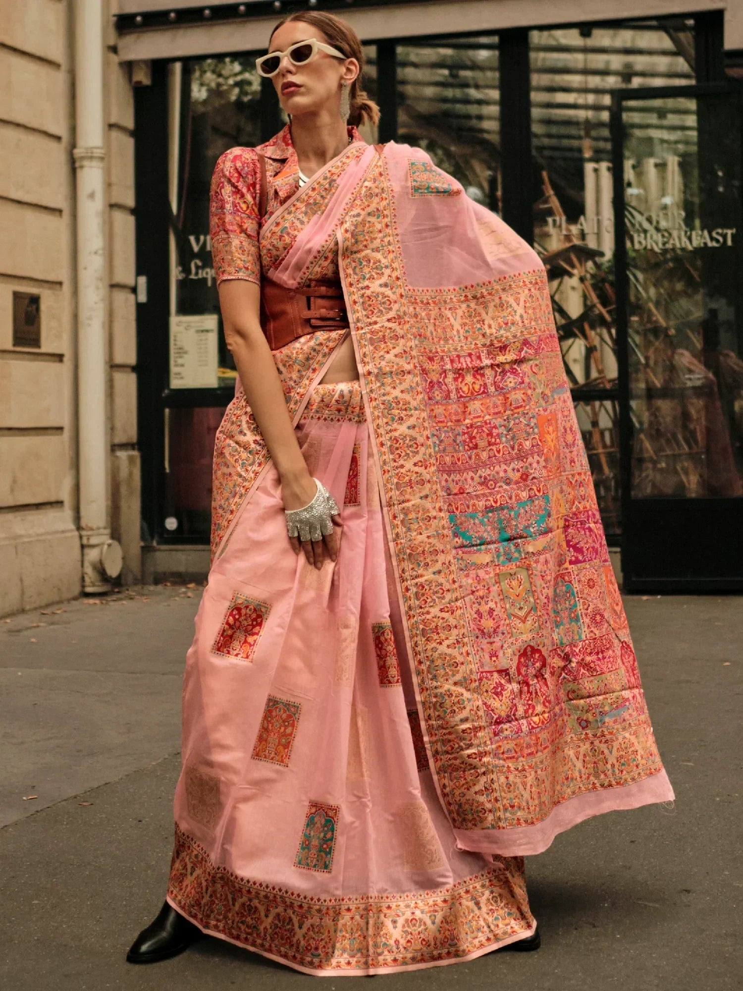 Captivating Peach Zari Woven Silk Event Wear Saree With Blouse
