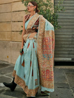 Beautiful Sky-Blue Zari Weaving Silk Function Wear Saree With Blouse