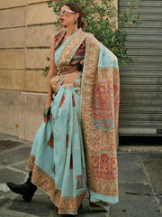 Beautiful Sky-Blue Zari Weaving Silk Function Wear Saree With Blouse