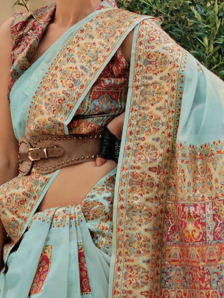 Beautiful Sky-Blue Zari Weaving Silk Function Wear Saree With Blouse