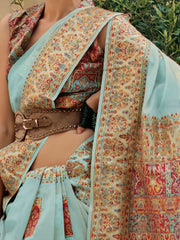 Beautiful Sky-Blue Zari Weaving Silk Function Wear Saree With Blouse