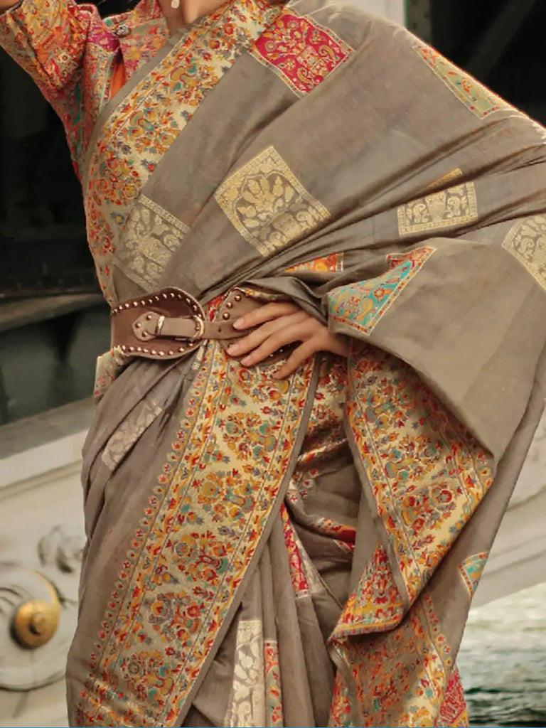 Adorable Dusty Brown Zari Woven Silk Traditional Saree With Blouse
