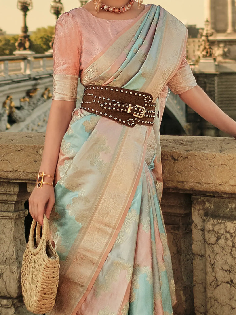 Fascinating Multi-Color Zari Weaving Satin Event Wear Saree With Blouse
