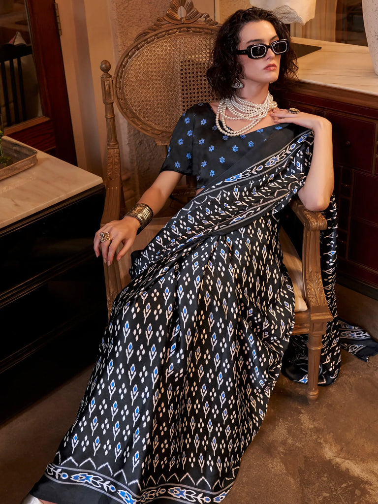 Tantalizing Black Digital Printed Satin Trendy Saree With Blouse
