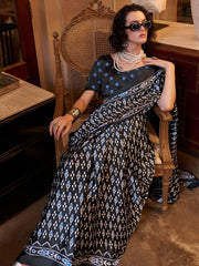 Tantalizing Black Digital Printed Satin Trendy Saree With Blouse