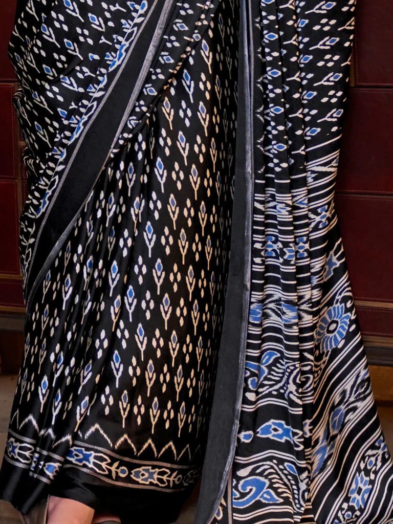 Tantalizing Black Digital Printed Satin Trendy Saree With Blouse