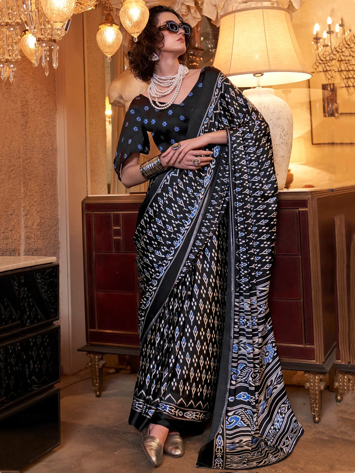 Tantalizing Black Digital Printed Satin Trendy Saree With Blouse