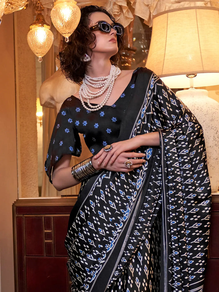 Tantalizing Black Digital Printed Satin Trendy Saree With Blouse