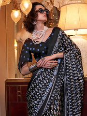Tantalizing Black Digital Printed Satin Trendy Saree With Blouse