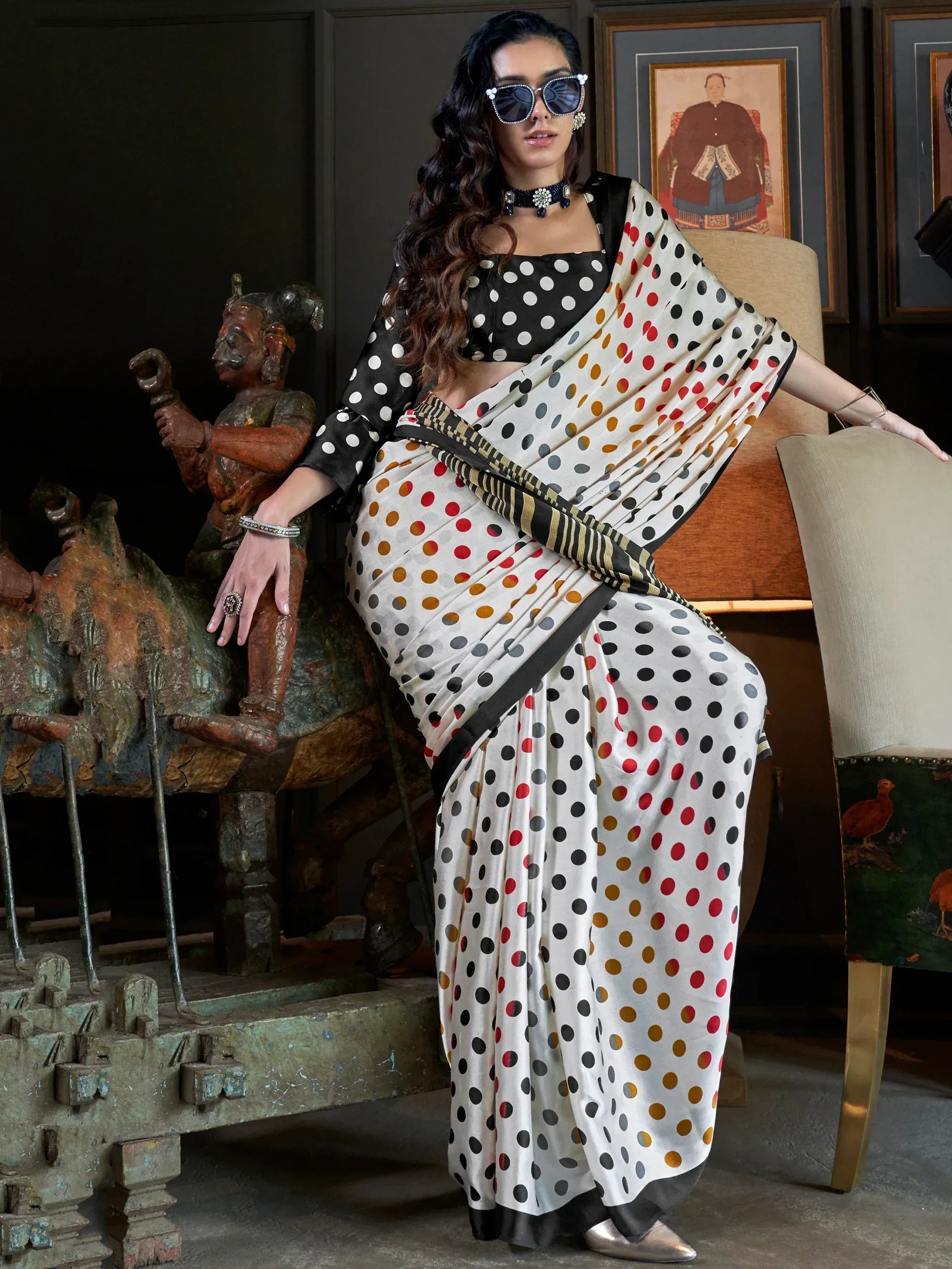 Incredible White Digital Printed Satin Office Wear Saree With Dupatta