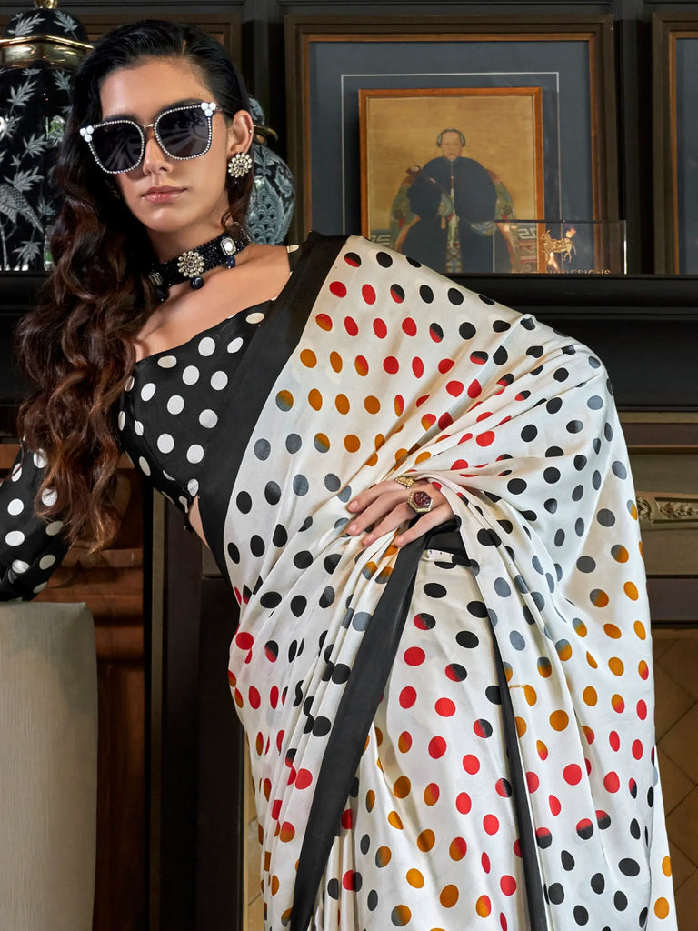 Incredible White Digital Printed Satin Office Wear Saree With Dupatta