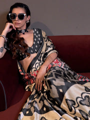 Gorgeous Cream Digital Printed Satin Event Wear Saree With Blouse