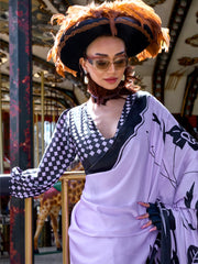 Appealing Lavender Color Printed Satin Casual Wear Saree With Blouse