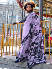 Appealing Lavender Color Printed Satin Casual Wear Saree With Blouse