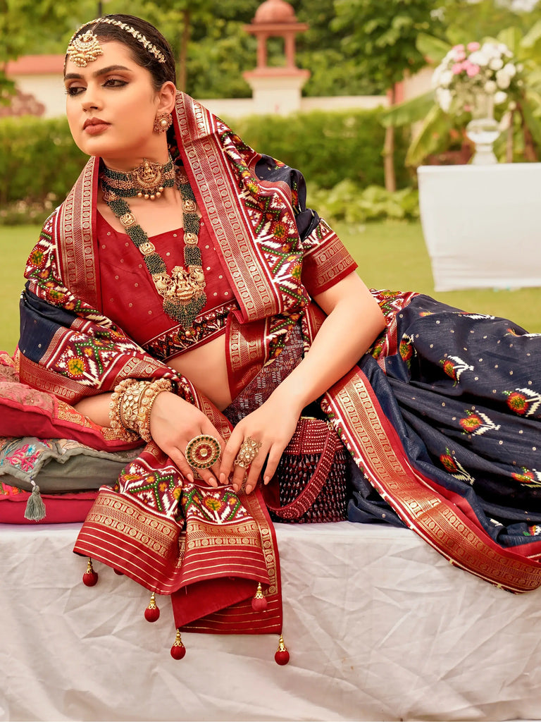 Astonishing Navy-Blue Patola Printed Silk Festival Wear Saree