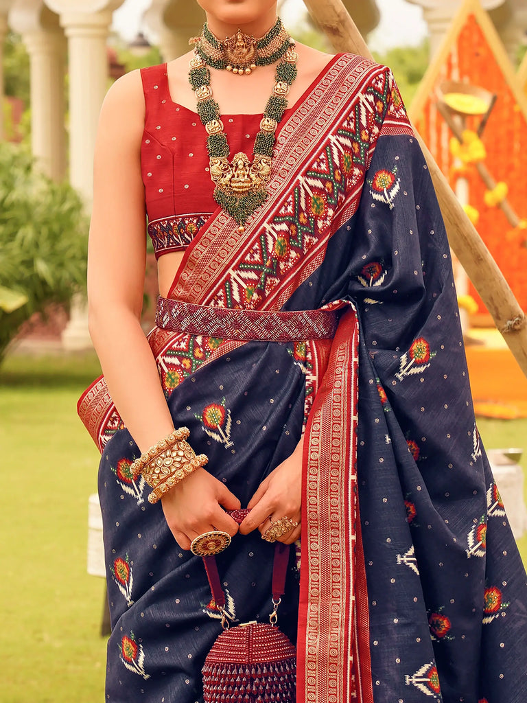 Astonishing Navy-Blue Patola Printed Silk Festival Wear Saree