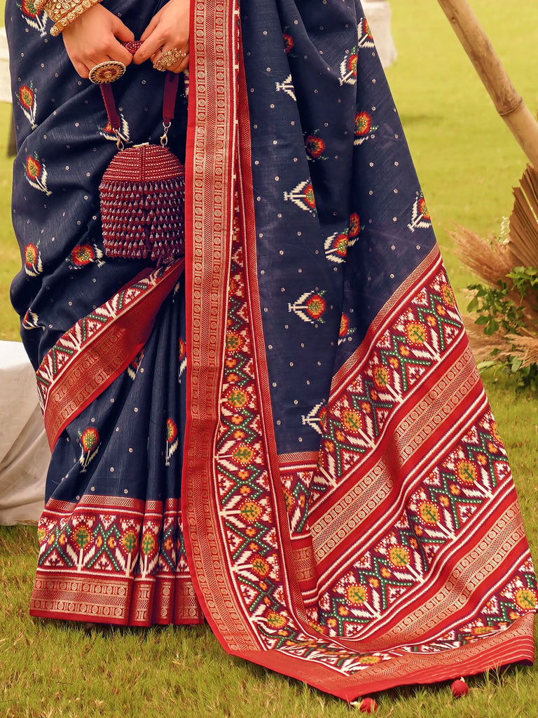 Astonishing Navy-Blue Patola Printed Silk Festival Wear Saree